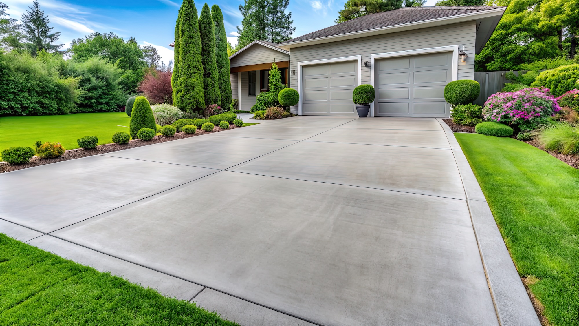 Freshly poured smooth gray concrete driveway with clean edges and subtle texture, contrasting with lush green grass and manicured garden surroundings.